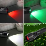 Linterna Led intercambiable, blanca, roja y verde 5000 Lumenes XML T6 200 Mts de alcance No te quedarás nunca sin iluminación con esta linterna LED táctica, ideal para outdoor. Posee lentes intercambiables de colores rojo y verde para diversos usos y utilidades. Posee zoom in y zoom out, con un alcance de hasta 200 mts aprox. Puede utilizar pilas AAA o pila recargable 18650 A que se carga con el cargador de pared incluido en el pack. Incluye de regalo un soporte tipo elástico de silicona para anclar a bicicleta u otro aparato. La linterna Led luz Alta Luz Baja, estroboscópica y señal SOS.